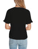 Back view of model wearing black ruffle trim short sleeves V-neck button-down top