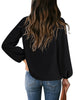 Back view of model wearing black V-neckline bishop sleeves loose fit women's top