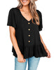 Model poses wearing black V-neckline buttons loose peplum top