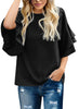 Black Women's Summer Blouse Casual Ruffle 3/4 Sleeve Tops Loose Shirts