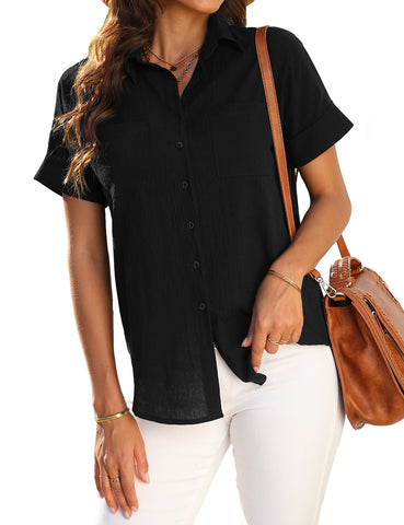 Black Short Cuffed Sleeves Pockets Button-Up Top