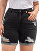 Front view of model wearing black high-waist cuffed hem distressed denim biker shorts