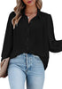 Model poses wearing black lantern sleeves button-down pleated chiffon top