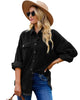 Front view of model wearing black drop shoulders contrast corduroy button-down jacket