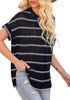 Side view of model wearing black split V-neckline batwing sleeves striped loose top