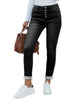 Front view of model wearing back fleece-lined button-down denim skinny jeans