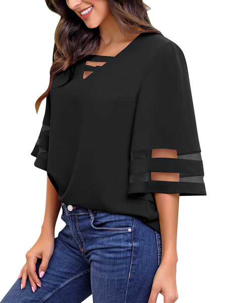 Black Women's Casual V Neck Mesh Panel Blouse Tops 3/4 Bell Sleeve Shirt