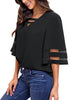 Black Women's Casual V Neck Mesh Panel Blouse Tops 3/4 Bell Sleeve Shirt