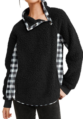 Black Split Cowl Neck Plaid Fleece Sweater Top
