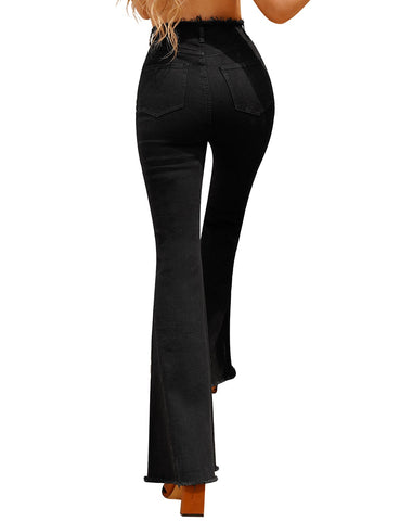 Black Slit Knee High-Waist Frayed Hem Flared Denim Jeans