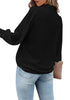 Back view of model wearing black lantern sleeves button-down pleated chiffon top