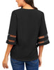 Black Women's Casual V Neck Mesh Panel Blouse Tops 3/4 Bell Sleeve Shirt