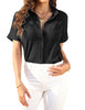 Model wearing black short cuffed sleeves pockets button-up top