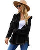 Front view of model wearing black drop shoulders contrast corduroy button-down jacket