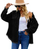 Front view of model wearing black drop shoulders contrast corduroy button-down jacket
