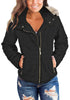 Model wearing black faux fur hooded zip up quilted jacket