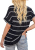 Back view of model wearing black split V-neckline batwing sleeves striped loose top