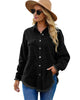 Front view of model wearing black drop shoulders contrast corduroy button-down jacket