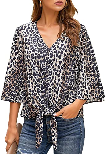 Women's V Neck Button Down Shirts 3/4 Bell Sleeve Tie Knot Blouse