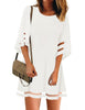 White Women Casual Crewneck Mesh Panel 3/4 Bell Sleeve Loose Tunic Dress