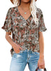 Model wearing brown ruffle trim short sleeves floral V-neck button-down top