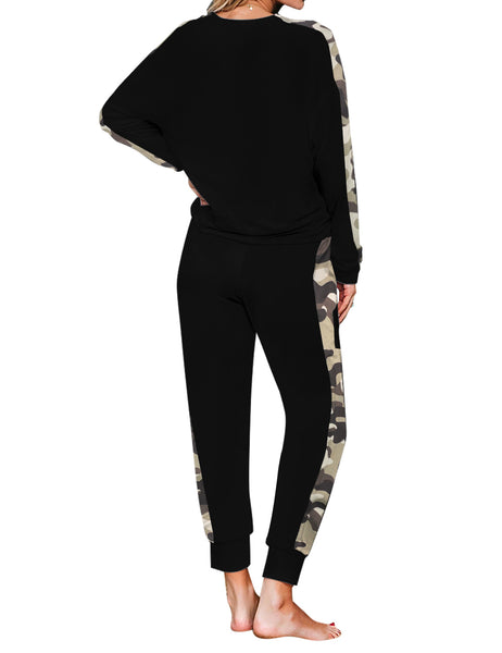 Back view of model wearing black long sleeves drawstring jogger loungewear set