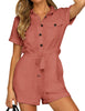 Pretty model wearing dark coral short sleeves button-down belted romper