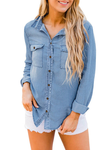 Women's Long Sleeve Collared Shirt Button Down Denim Blouse Tops Blue