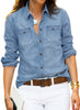 Model wearing blue long sleeves button-up denim shirt