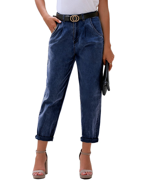 Model wearing deep blue high-waist loose denim mom jeans