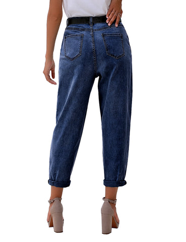 Deep Blue High-Waist Loose Denim Mom Jeans