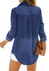 Back view of model wearing dark blue long sleeves button-down denim shirt