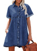 Wishful Blue Women's Short Sleeve Button Down Flowy Tiered Babydoll Denim Dress