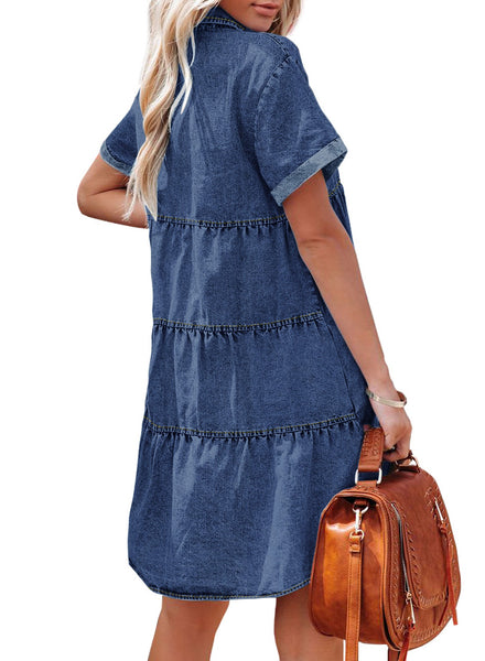 Wishful Blue Women's Short Sleeve Button Down Flowy Tiered Babydoll Denim Dress