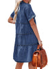 Women's Short Sleeve Button Down Flowy Tiered Babydoll Denim Dress