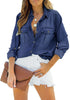 Front view of model wearing dark blue long sleeves button-down denim shirt