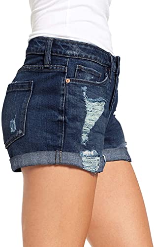 Women's High Waisted Rolled Hem Distressed Jeans Ripped Denim Shorts