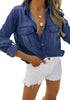 Model wearing dark blue long sleeves button-down denim shirt