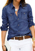 Front view of model wearing dark blue long sleeves button-down denim shirt