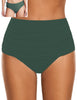 Model wearing dark green high waist ruched swim bottom