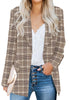 Front view of model wearing tan plaid casual work office pockets blazer