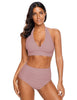 Front view of model wearing light mauve halter ruched high-waist bikini set