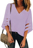 Women's V Neck Shirt Printed Top 3/4 Bell Sleeve Mesh Panel Blouse