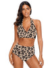 Front view of model wearing leopard-print halter ruched high-waist bikini set