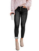 Model wearing back fleece-lined button-down denim skinny jeans