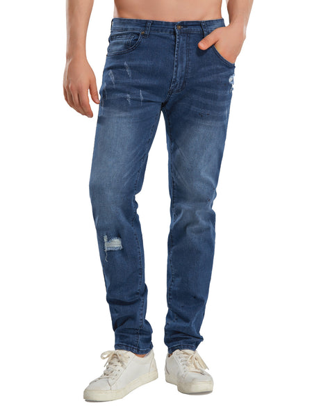 Men's dark blue casual ripped skinny jeans