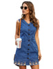 Women Sleeveless V Neck Button Down Frayed Hem Short Denim Dress