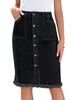 Front view of model wearing black frayed hem button-down midi denim skirt