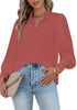 Front view of model wearing dark blush lantern sleeves button-down pleated chiffon top