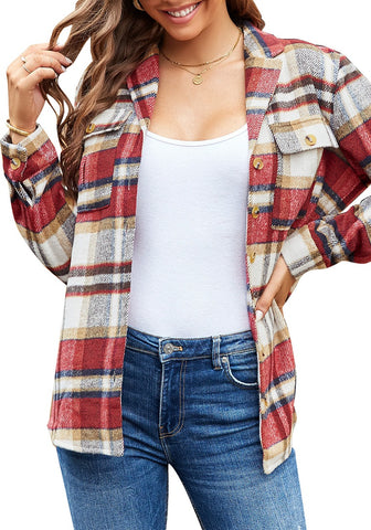 Red Plaid Lapel Collar Long Sleeves Button-Up Blazer